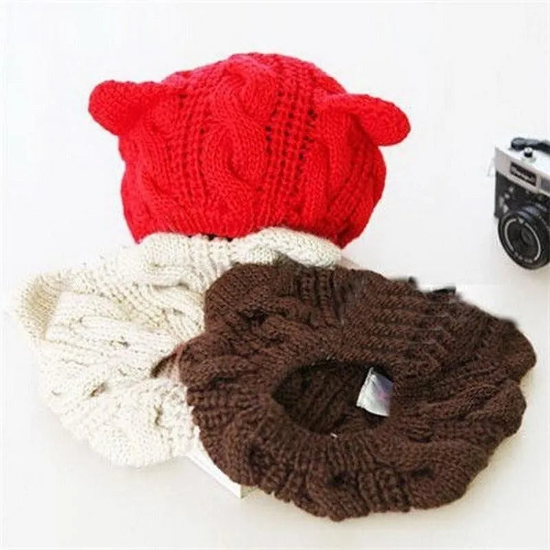 

Lovely Cat Ears Hat Beanie Women Warm Solid Color Hip-hop Cap Lady Girls Cute Winter Knitted Skullies Beanies Wool Ski Caps