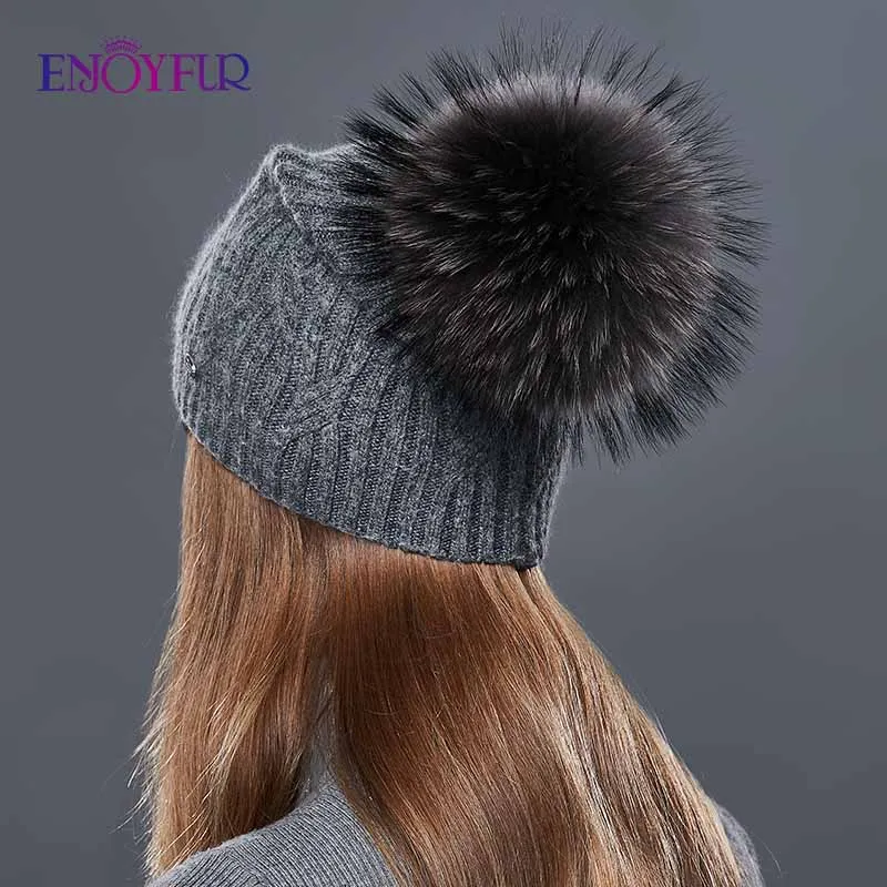 Женские вязаные кашемировые шапки ENJOYFUR, связанные узором «цепочка» шапки с помпоном, для осени и зимы