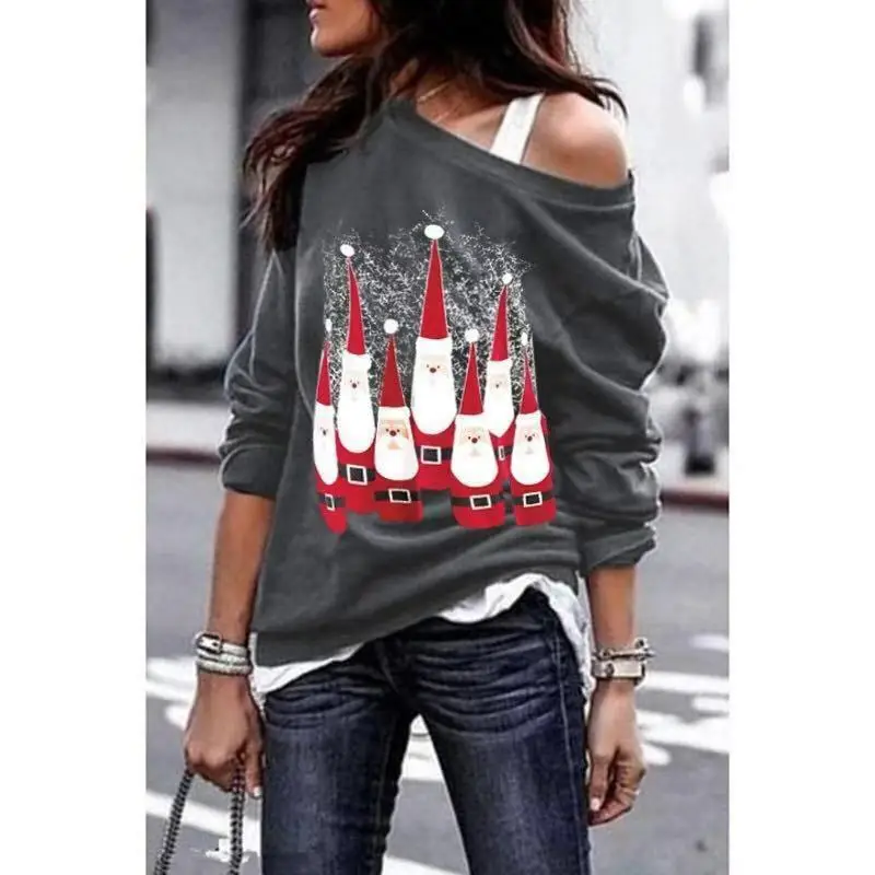 

Women Christmas Santa Sweatshirts Ladies Cold Shoulder Long Sleeve Tops