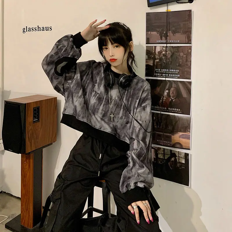 

Y2k Punk Style Hole Black Crop Tops Sweatshirt Spring Autumn Harajuku Street Style Loose Long Sleeves Schoolgirl Clothes