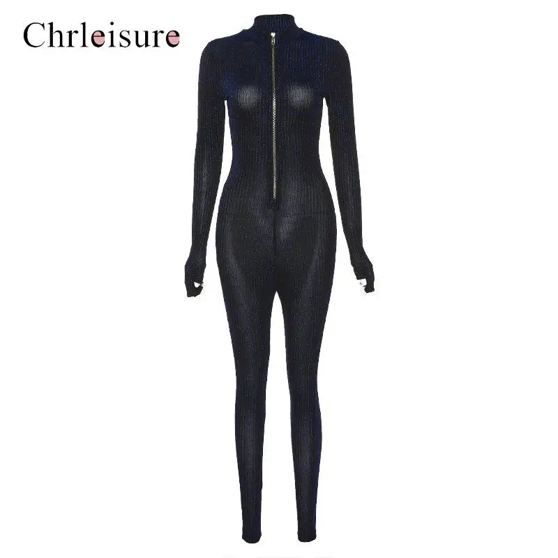 

New Sexy Mesh Jumpsuit Woman Elastic Slim Rompers Translucent Spring Zipper Jumpsuit Mujer