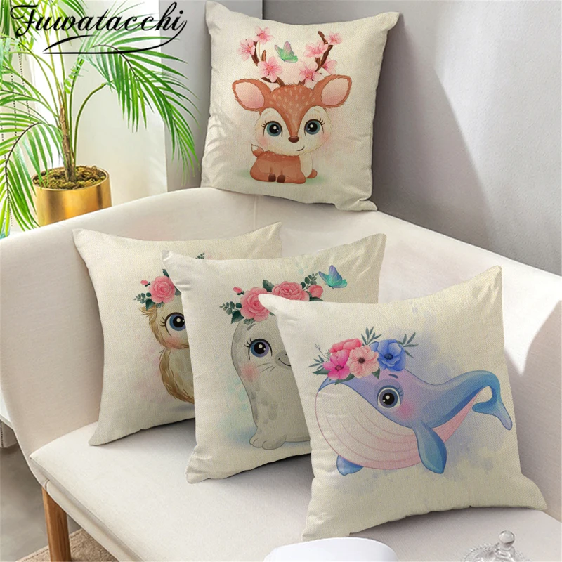 

Fuwatacchi Christmas Cushion Covers Cartoon Animal Pillow Cover Deer Linen Plaid Throw Pillowcase for Home Sofa Decoration 45cm