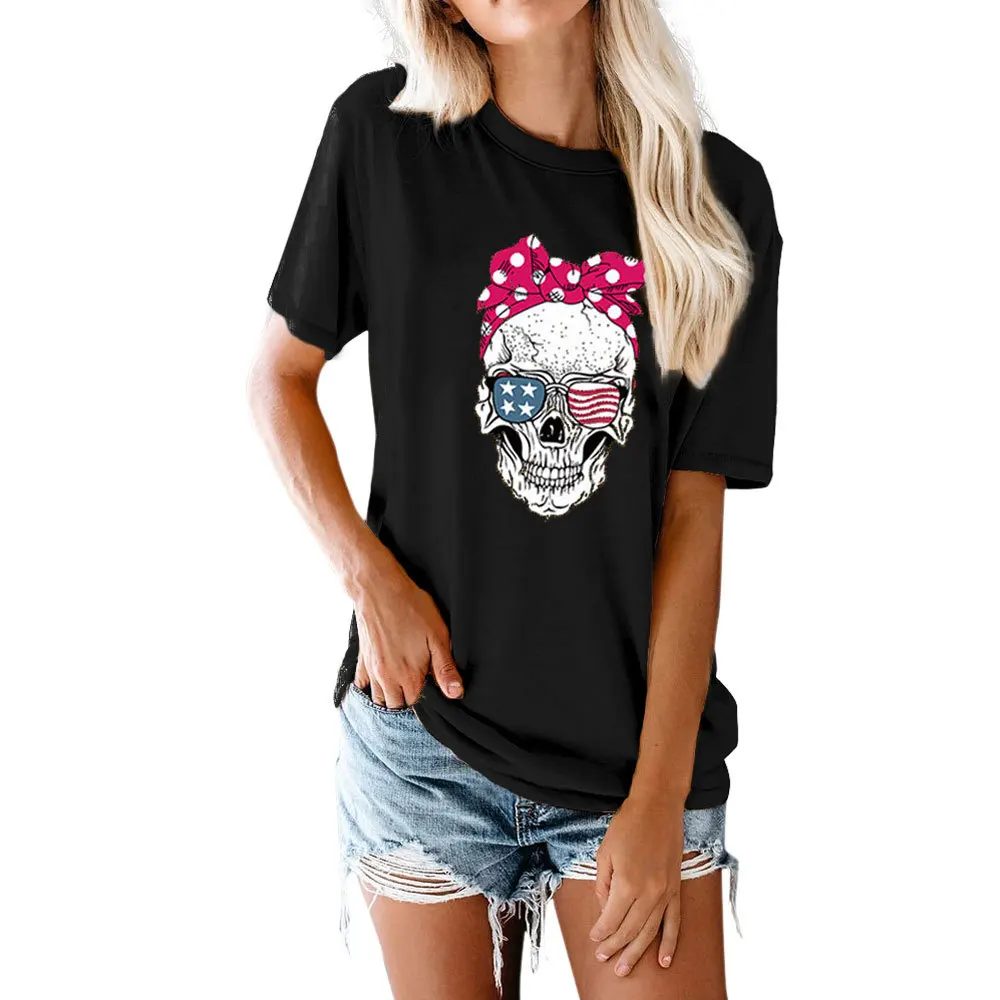 

European and American Women's Most Popular National Flag Skull Round Neck Loose Short Sleeve T-shirt