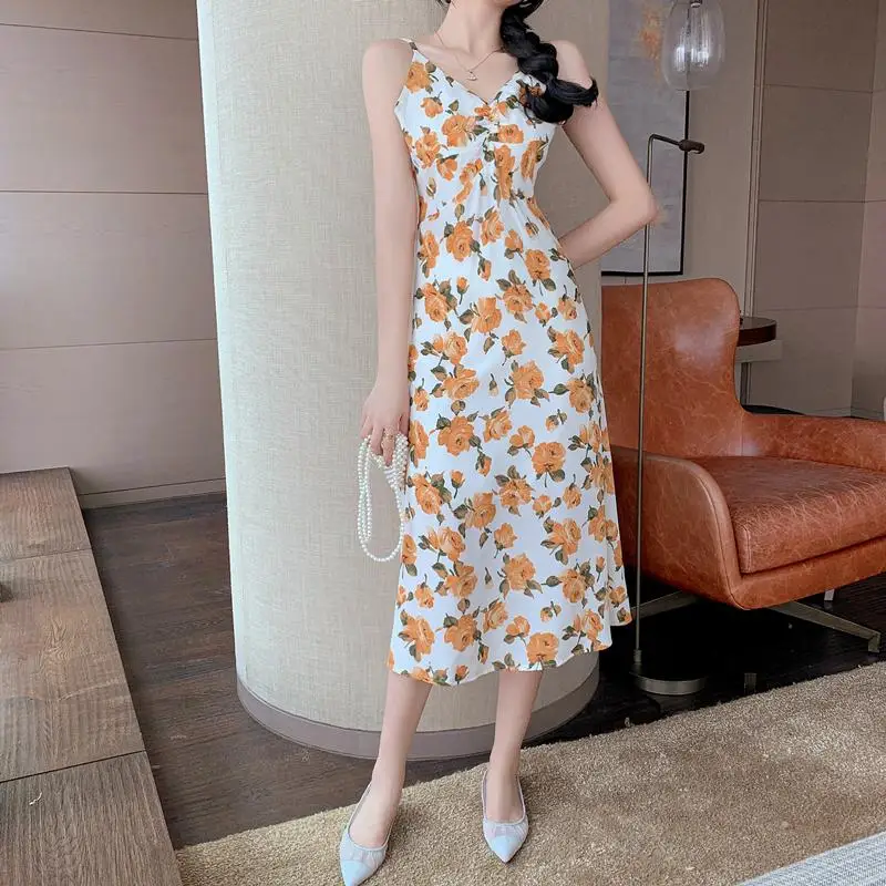 Летнее художественное ретро платье с цветочным принтом женское на талию тонкое