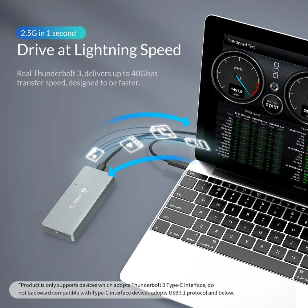 ORICO M.2 NVME Thunderbolt 3 40Gbps SSD Case Support 2TB Aluminum Type-C with 40Gbps Thunderbolt 3 Cable USB C Hard Drive Box