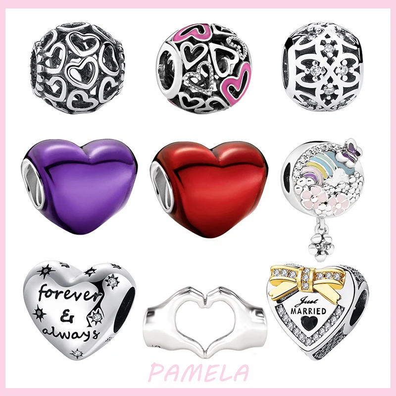

PAMELA 925 Sterling Silve Heart shape round shape Charms Christmas Gift Beads DIY For Original Pendant Bracelet Jewelry