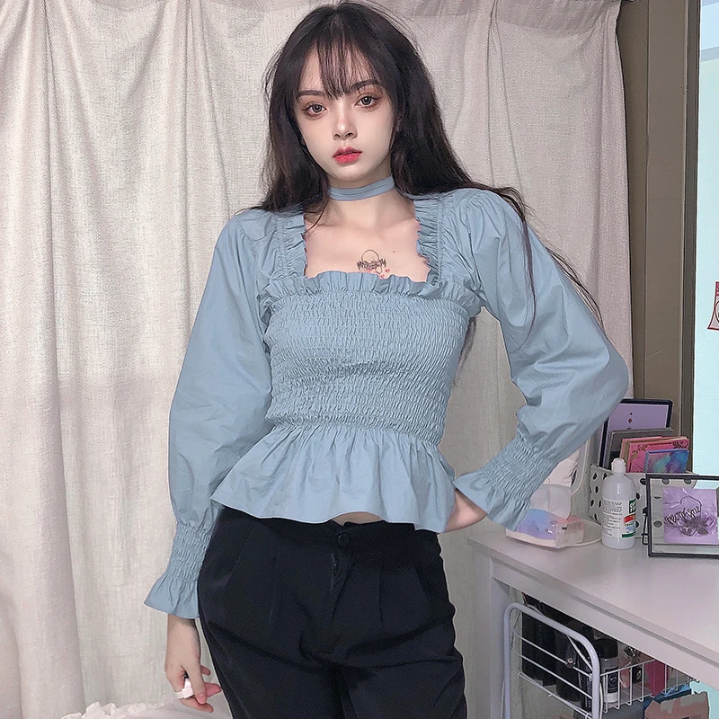 

2021 Korean pop retro square collar temperament ruffled long-sleeved T-shirt office ladies full frills puff sleeve T-shirt women