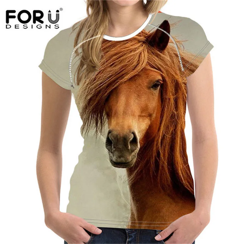 FORUDESIGNS, женская футболка с принтом Crazy Horse, короткий рукав, круглый вырез, летние модные футболки, женская уличная одежда, повседневные топы, новинка