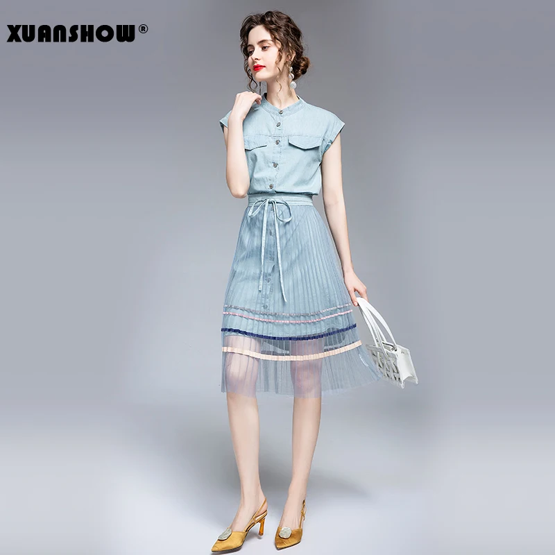 XUANSHOW 2020 модное летнее женское платье комплект из 2 предметов хлопковое джинсовое