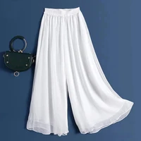aecu summer women wide leg solid color culottes pant female high waist thin chiffon plus size casual ladies culottes trousers