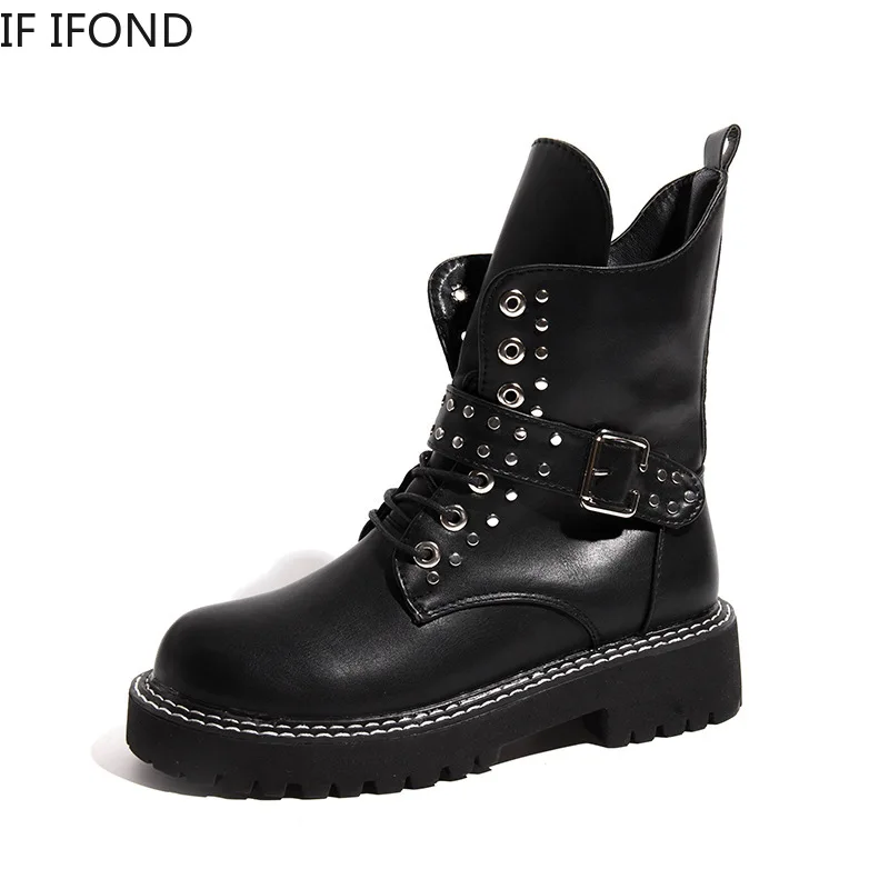 IF IFOND Женские ботинки в стиле ретро с заклепками круглым носком и шнуровкой на