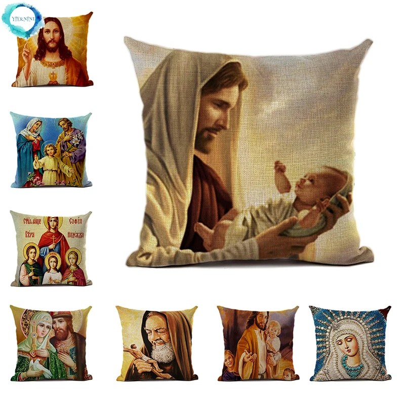 

Christian Believer Jesus Christ Print Cotton Linen Cushion Cover Jesus Saves The World Pattern Pillow Cover Home Decorative