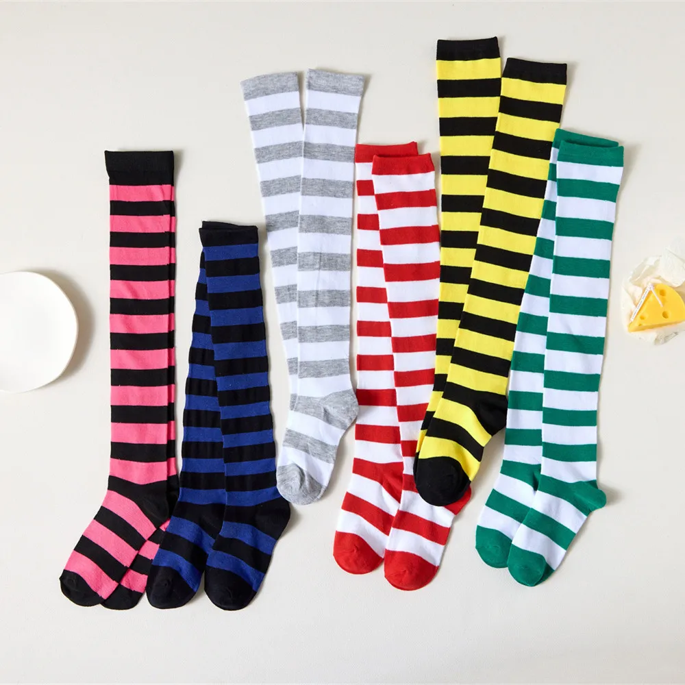

Long Tube Color Striped Thigh Socks Ladies Black and White Thick and Thin Stripes Student Spring and Autumn Cute Fashion New