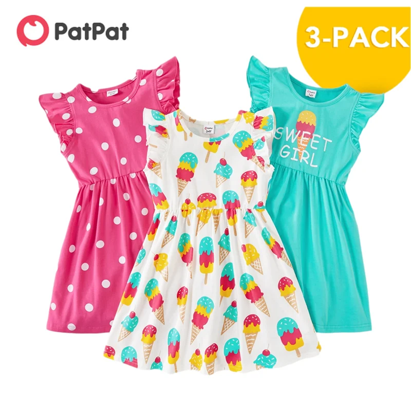 

PatPat 2021 Summer 3-Pack Girls Dresses Toddler Ice Cream Polka Dots Children's Clothing New Arrival 3-6Y