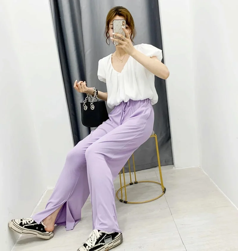

2020 High Waist Loose Casual Pants Women Fashion Kitted Trousers Split Casual Women Pants Bell Bottom Trousers