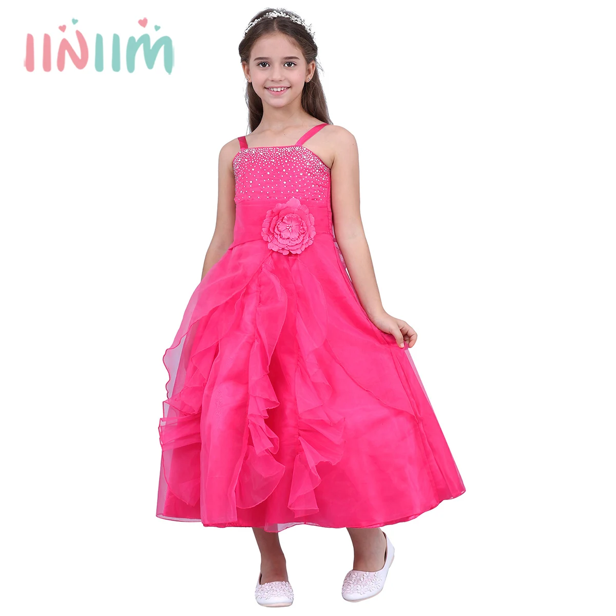 

iiniim Girls Flower Bow Formal Dress Ball Gown Prom Princess Bridesmaid Wedding Children Teen Costume Tutu Birthday Party Dress
