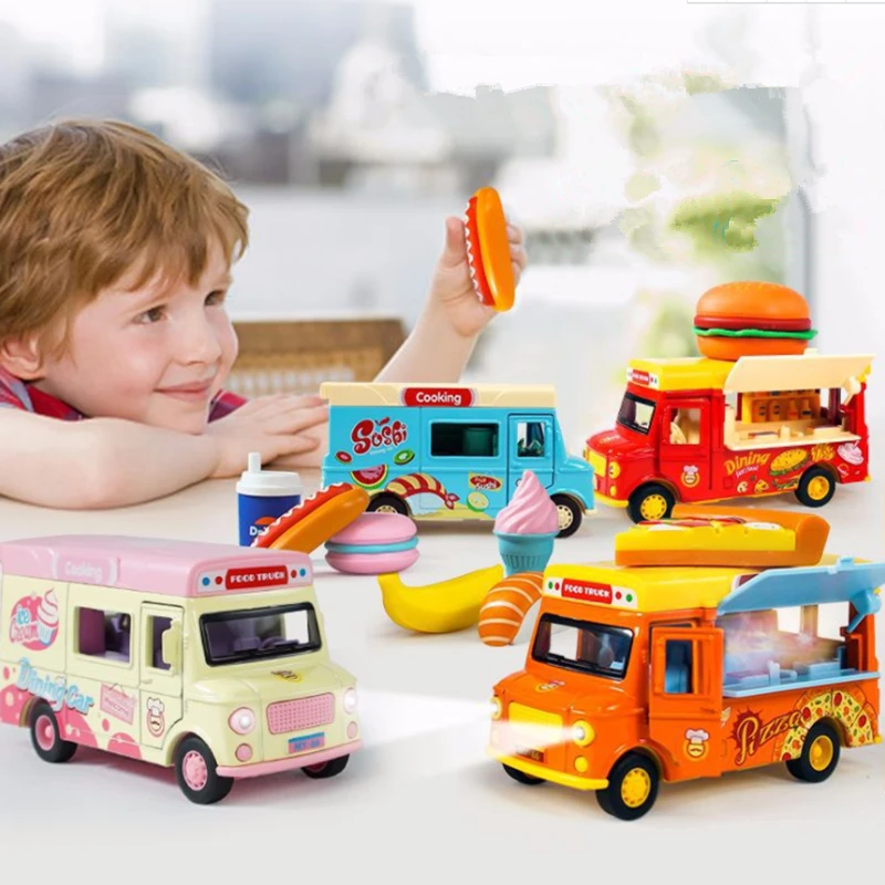 

Mini Toy Car Magnetic induction Snack Car Alloy Model Metal Coke Ice cream Hamburger Pizza Toy Car Model Sound Light Kids Gift