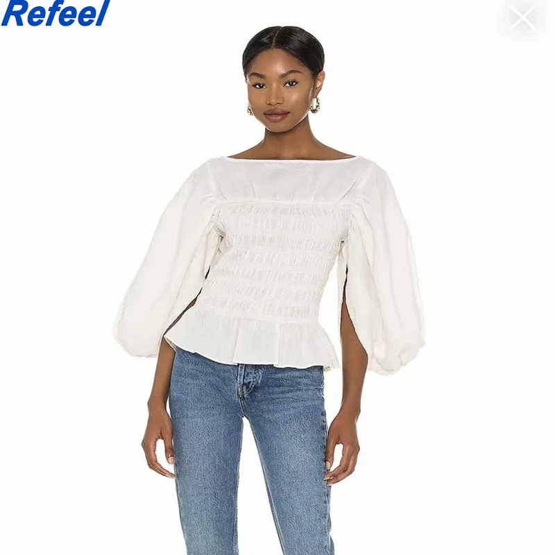 

Summer Women Camis Ramie Pleated Neckline Split Lantern Sleeves Full Body Elastic Tank Top Vintage High Street Club Loose Top