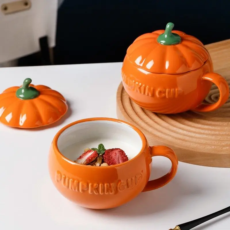 

Pumpkin Cup Household Ceramic Cup Female Cute Super Cute Mug with Lid Spoon Milk Oatmeal Breakfast Cup Coffee Cup