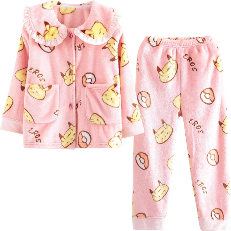 

2 Piece Children Cartoon Pajamas Set For Girls Kids Winter Flannel Sleepwear Suit Cute Toddlers Thick Thermal Home Wear Nighty