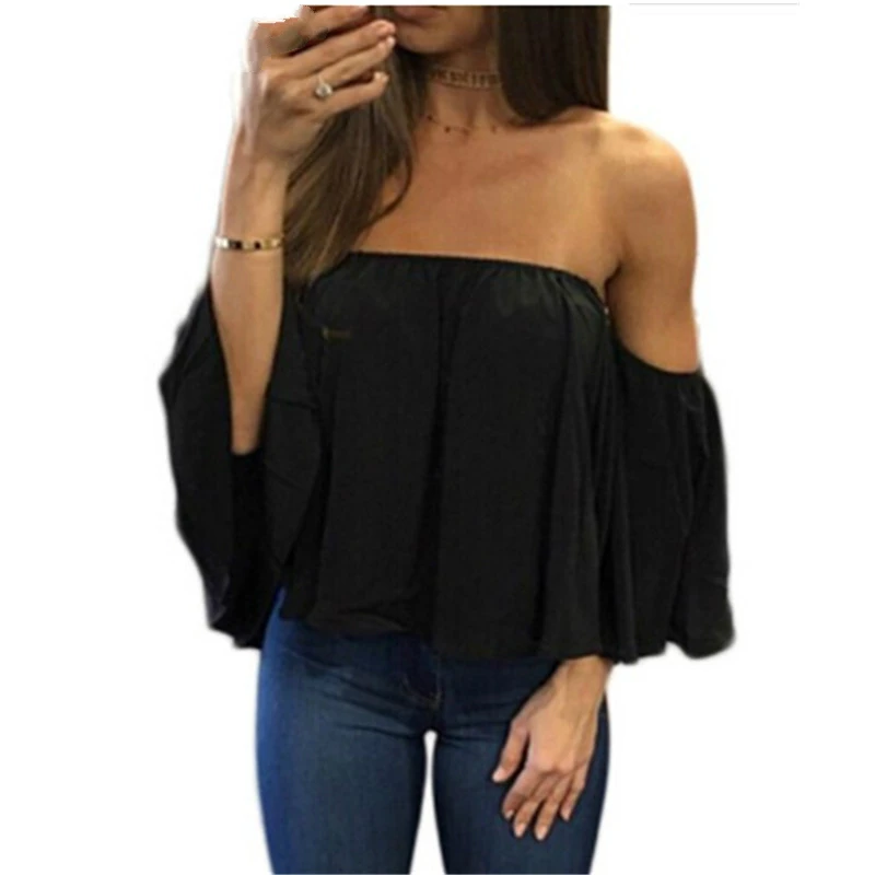 5XL новые женские Топы Мода женская летняя Шифоновая Блузка Сексуальная с открытыми плечами с расклешенными рукавами Повседневная рубашка черный белый плюс размер
