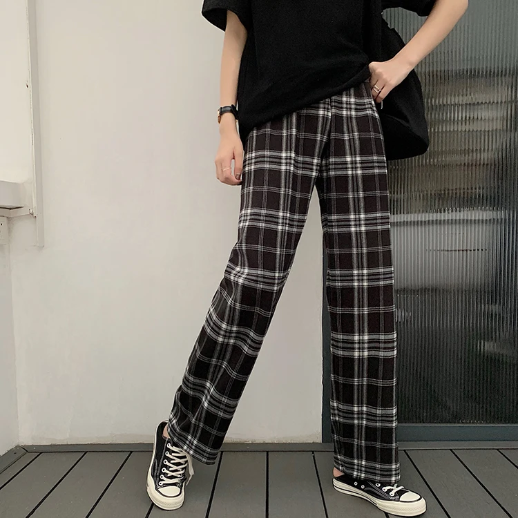 

Spring Autumn Korean Straight Plaid Sweatpants High Wide Leg Pants Female Fashion Long Capris Autumn New Hipster Trousers Women