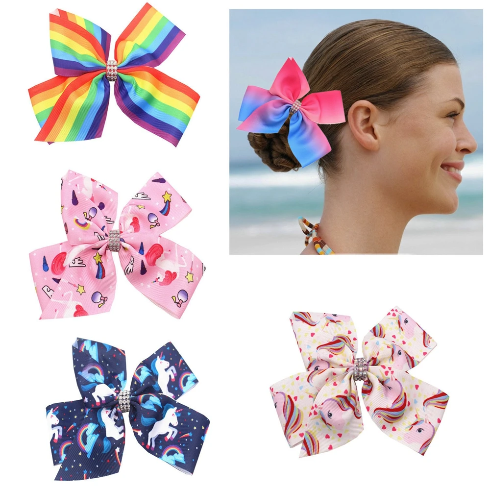 

Fashion Rainbow Striped Grosgrain Ribbon Bows Baby Girl Hair Clips Cute Cartoon Unicorn Print Bowknot Hairpins Photography Props