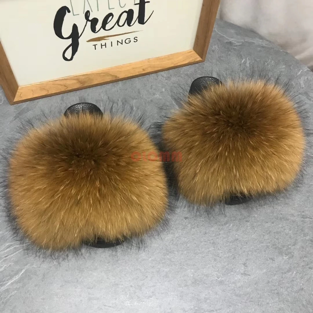 

Real Raccoon Fur Slippers Women 2020 Sliders Casual Fox Hair Flat Fluffy Fashion Home Summer Big Size 45 Furry Flip Flops Shoes