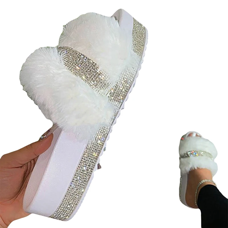 

Fashion Rhinestone Ladies Sandals Simple Casual Slippers Generous Sandal New One-Line Mid-Heel Thick-Soled Hairy Sandals