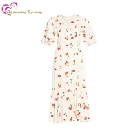 2021 new girlish dress sweet summer cherry print v neck lotus leaf sleeve pleated cute dress