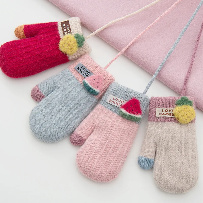 Детские перчатки для девочек зимние теплые варежки шерстяные вязаные с круглым