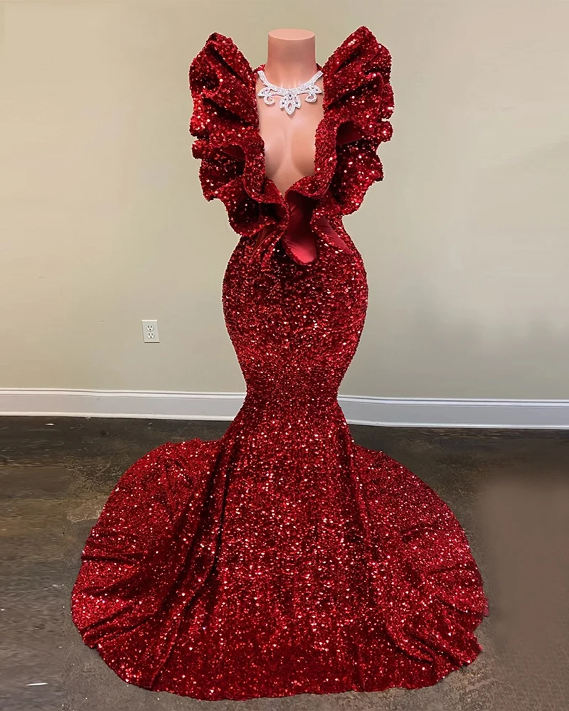 

Burgundy Mermaid Prom Dresses 2021 New Sparkly Sequin Sexy Sleeveless V-neck Ruffles African Black Girl Long Prom Dress
