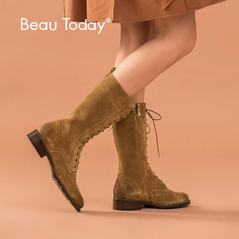 Ботинки BeauToday женские до середины икры Броги из коровьей замши с круглым носком