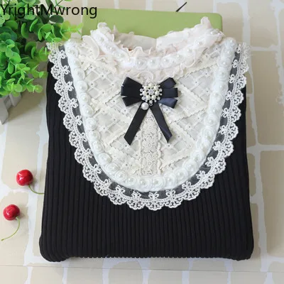 High Neck Bow Warm Fleece Slim Stretch Knit Ruffle Lace Pearls Flower Red Pink Black White Sweater Cute Pullover Winter Fall Top | Женская