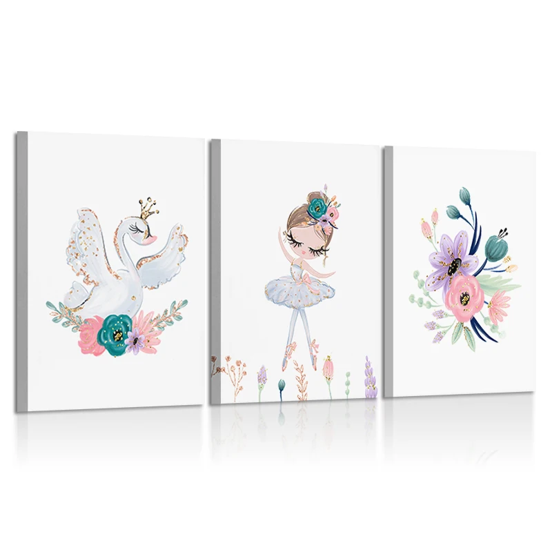 

Nursery Ballerina Art Print Wall Art Gift for Girl Pink Gold Purple Cartoon Canvas Painting Kids Room Wall Poster Decoration