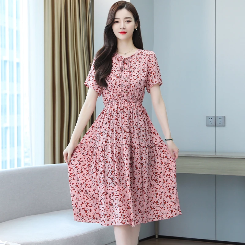 

Dress for Women Summer 2020 Short-sleeved Floral Chiffon Dress Women's Fashion Dress Plus Size Mid-length Over-the-knee Skirt
