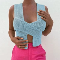 2022 spring summer bow cross strap knitted sweater vest women sexy crop top diy tie clothing sleevless jumpe girl sexy sky blue