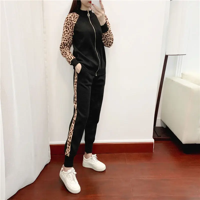 

2021 spring new stand collar stitching Leopard Print Long Sleeve knitted cardigan two piece suit for women