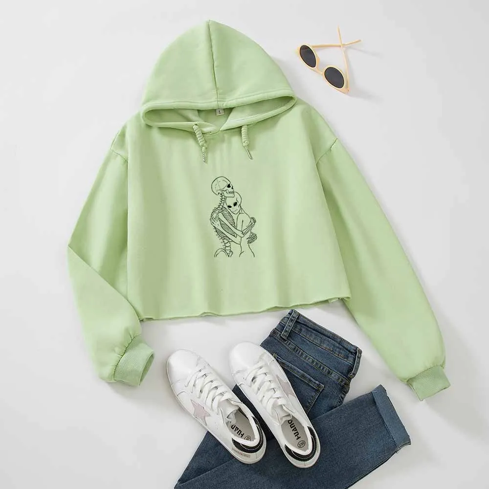 

Green Hoodie Crop Top Lovers Skull Skeleton Loose Sweatshirt Women Autumn Fashion Long Sleeve Hoodie Casual Tops for Women