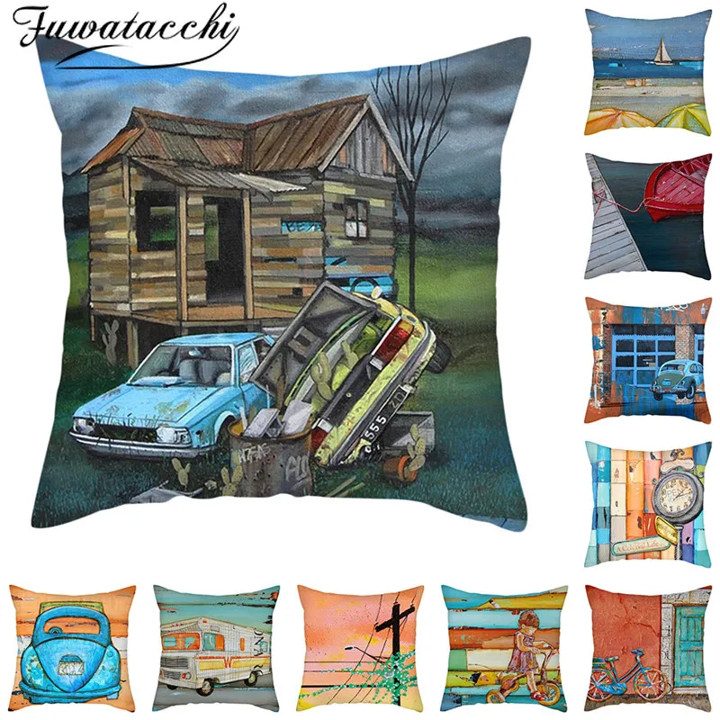 Fuwatacchi Summer Oil Painting Cushion Cover Scenery Cartoon Sea Lover Throw Pillow for Sofa Car Chair Decor Case | Дом и сад