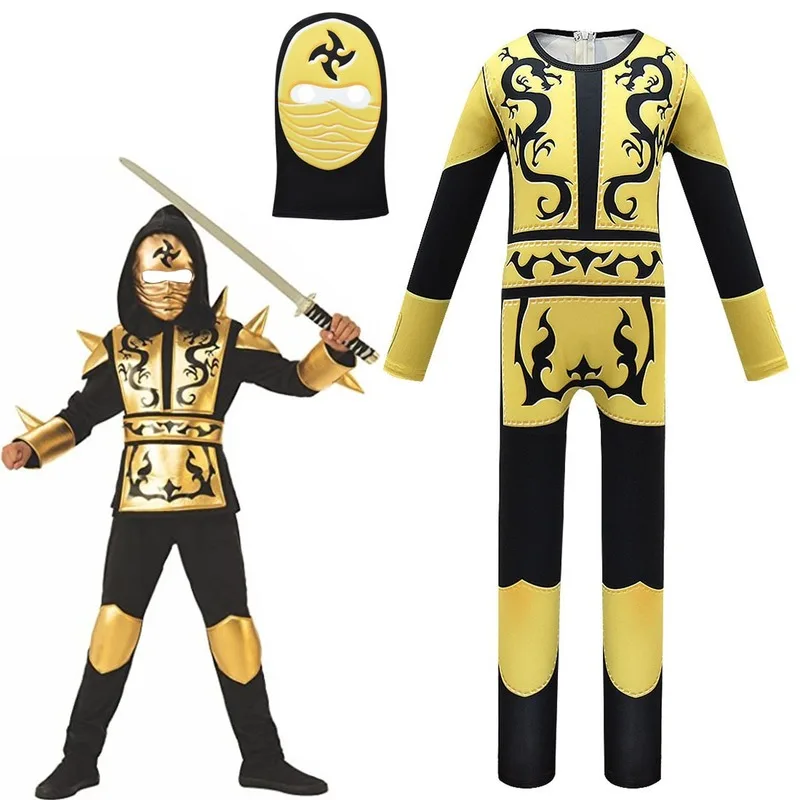 

New ninja costume children's golden dragon ninja costume hooded shirt pants with mask carnival costume