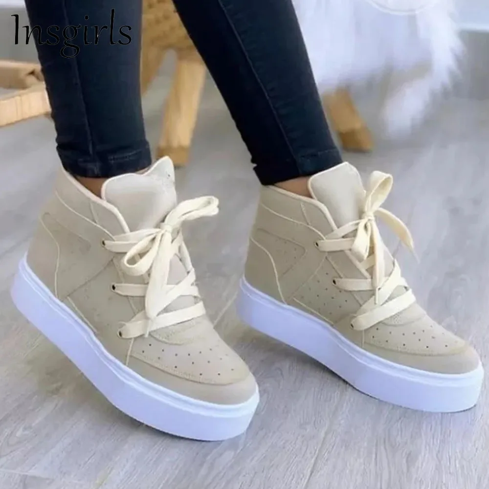 

Autumn High Top Sneakers Women 2021 New Fashion Breathable Round Toe Ladies Lace Up Casual Shoes 35-43 Large-Sized Sport Flats