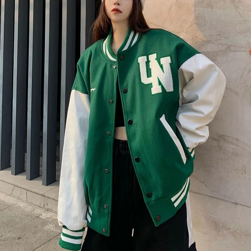 

Women Letter Print Baseball Jacket Green Drop Sleeves Single-breasted Loose Baseball Uniform Harajuku Streetwear Oversize Coat