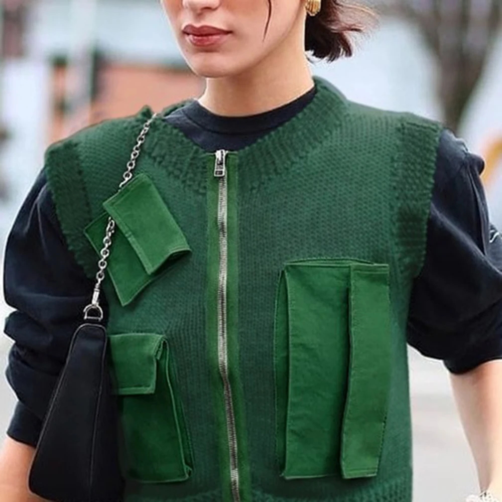 Модный лоскутный Женский вязаный жилет с круглым вырезом и карманами размера