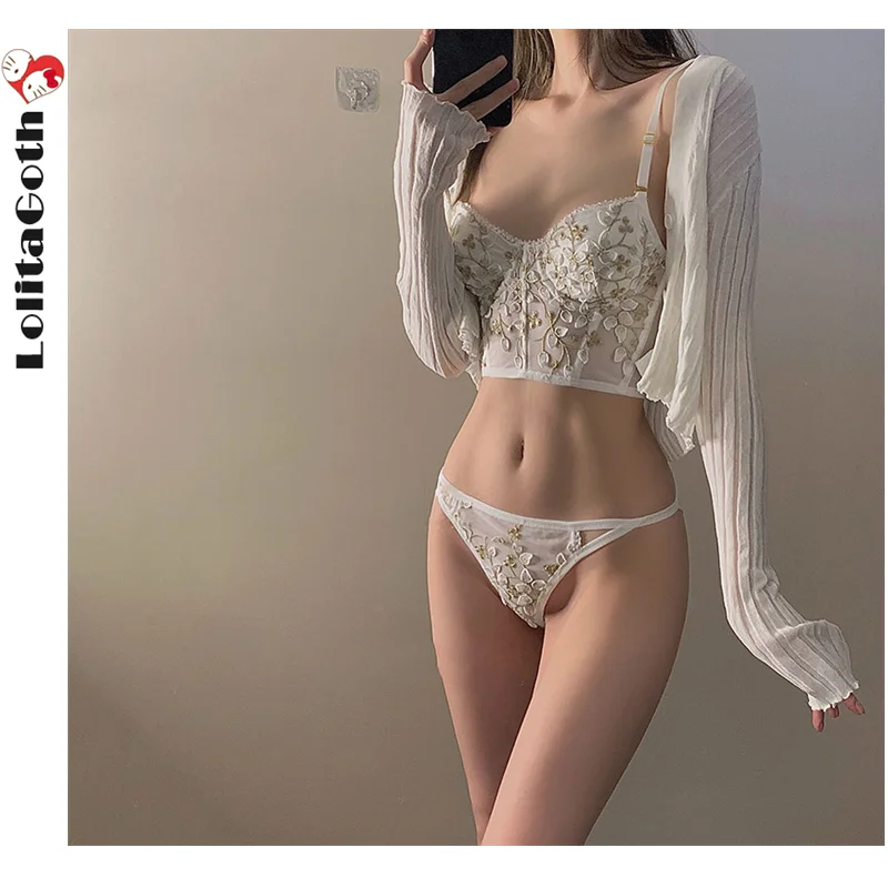 

LolitaGoth Embroidery Women's Underwear Bra Set Pants Lace Steel Rubber Bone Outside French Ladies Sexy Cute Bra and Panty Set