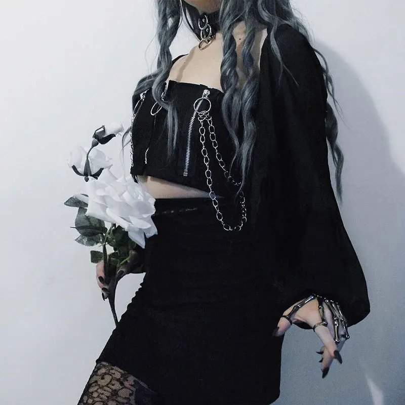 JIEZuoFang Готическая длинная футболка с пышными рукавами для женщин Harajuku панк черный