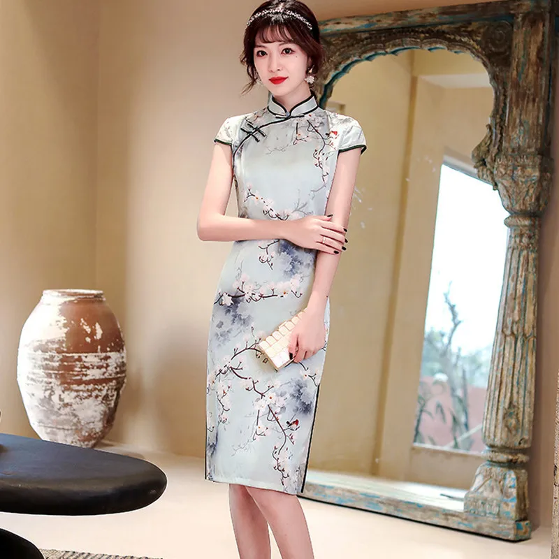 

Summer Sexy Printed Chinese Style Short Sleeve Satin Mandarin Collar Cheongsam Oriental Women Rayon Qipao Dress