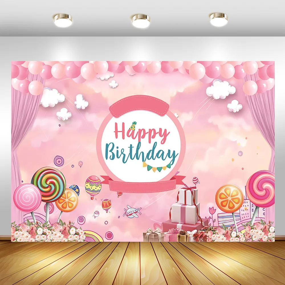 

Candy Theme Birthday Backdrop Pink Balloon Girl Birthday Party Photography Background Dessert Table Decorations Props Backdros