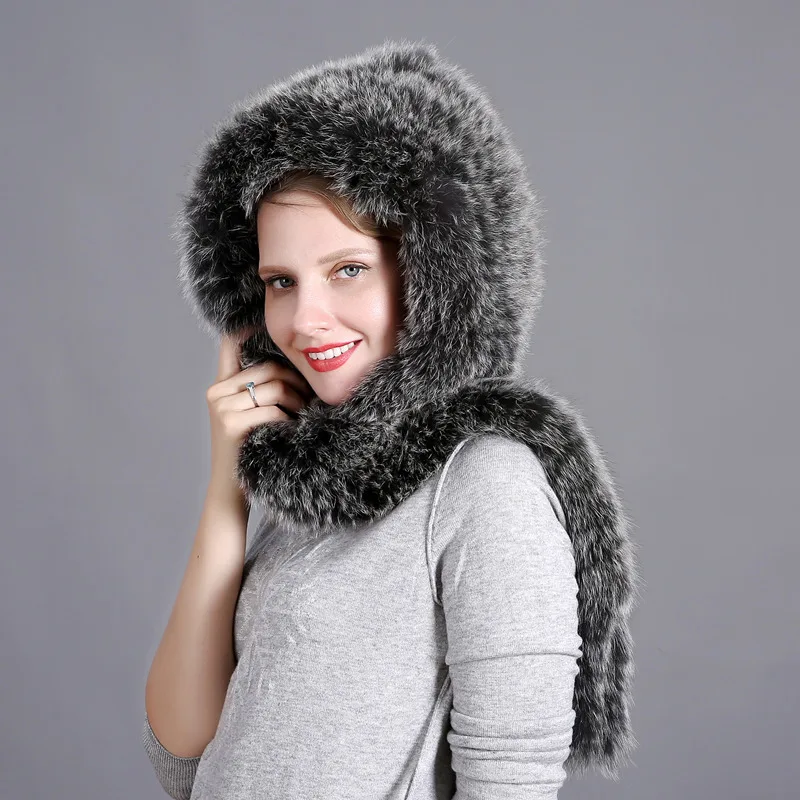 New Winter Women Hat Scarf Integrated Real Fox Fur Beanie Female Bomber Hat Fur Hooded Scarves Warm Knit Genuine Fur Caps Scarf