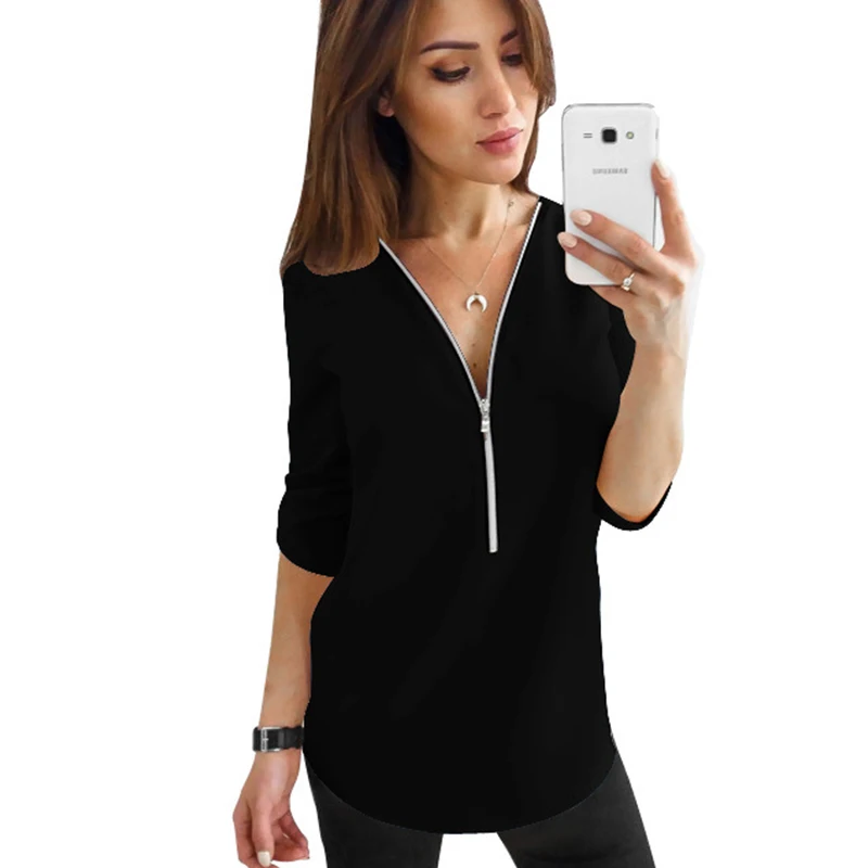 Повседневная Женская блузка на молнии с рукавом до локтя Осенний сексуальный